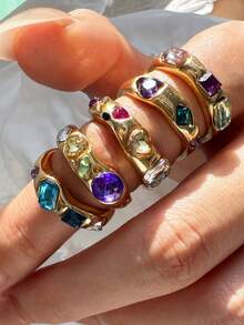 Bộ 5 chiếc nhẫn mạ vàng, phong cách tối giản cổ điển, cá nhân hóa, đính đá Zirconia nhiều màu, thích hợp cho nữ giới đi nghỉ mát mùa hè và đeo hàng ngày. - Nhiều màu - Xem 3
