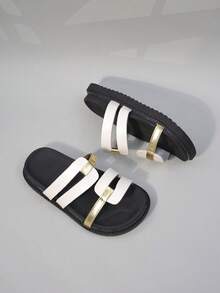 儿童露趾拖鞋一双装 - 柔软材质，防滑平底，休闲日常鞋，金色饰边，适合室内/室外穿着 - 白色 - 查看 5