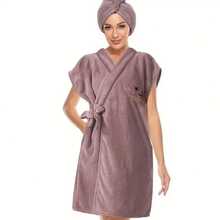 Women's Wrap Towel Spa Robe Hair Towel Adjustable Closure Long Robe V-Neck Shawl Bathrobe Dry Hair Cap Set, Fluffy Comfortable - 米色 - 查看 10