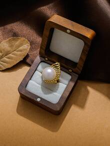 1pc Fashionable Stainless Steel 18K Gold Plated Large Pearl Fan Ring/Blue Universe Ring/Lotus Leaf Ring, Suitable For Women For Daily Wear, Banquet, Party, Travel, Holiday