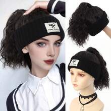 Synthetic Short Curly Ponytail Wig Hat, Natural Looking, With Adjustable Fluffy Knit Cap, Elastic Hair Band Wig Hat In Black, Gold, And Brown Colors - Multicolor - View 13