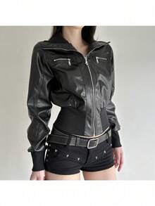 Chaqueta de trabajo de estilo oscuro retro de piel con parches, chaqueta versátil con cintura ajustable para mujer para otoño e invierno - Negro - Ver 2