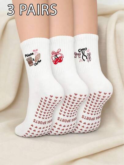 3 Pairs Women's Embroidered Pilates Socks, Cute Non-Slip Ankle Socks, Suitable For Yoga, Pilates, Hospital And Barefoot Training