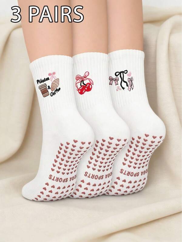 3 Pairs Women's Embroidered Pilates Socks, Cute Non-Slip Ankle Socks, Suitable For Yoga, Pilates, Hospital And Barefoot Training
