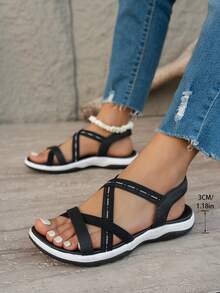 2026 Women's Solid Color Beach PU Leather Criss-Cross Strap Non-Slip Soft Bottom Sandals, Outdoor & Indoor Summer - Black - View 6