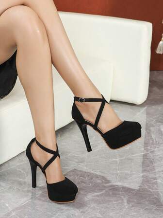 11.5cm High Heel Shoes, Black Suede Hollow Criss-Cross Closed Toe Round Toe Stiletto Heel Platform Women's Pumps