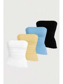 Set Of Four Asymmetrical, Strapless, And Draped Cropped Tops, Made From Comfortable Fabric And Perfect For Creating Versatile Looks. - 白色,黑色,黃色和藍色 - 查看 2