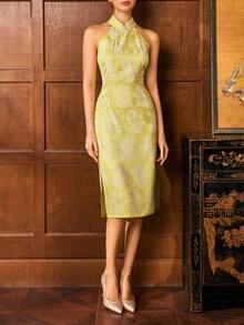 女士优雅立领修身旗袍连衣裙，饰以全长花卉印花和优美的侧开衩，适合正式晚宴、盛大派对、节日、婚礼和晚间活动。 - 黃色 - 查看 5