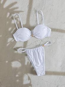 PEPPERMOLLY Nouveau bikini élégant à bretelles réglables et dos nu de couleur unie, mode plage d'été pour femmes, blanc vacances - Blanc - Voir 4