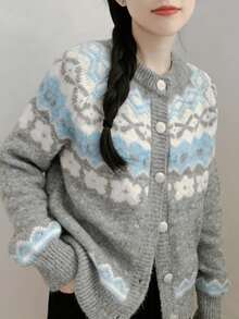 Women's Casual Vacation Style Floral & Geometric Pattern Raglan Sleeve Button-Up Cardigan