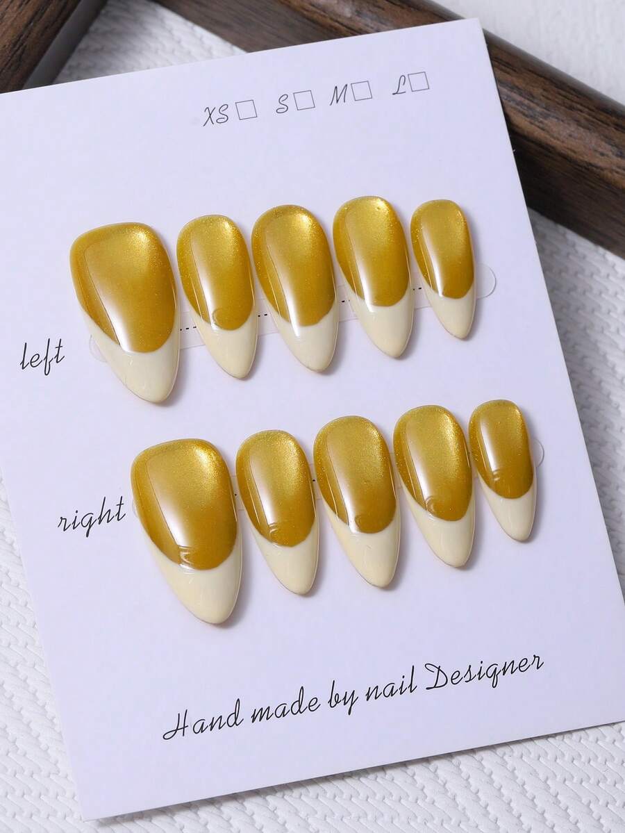 10片/套 手工杏仁形美甲贴纸，黄色，采用Y2K风格法式设计，并饰以手绘细闪渐变猫眼图案，用于美甲装饰。内含1片果冻胶和1把指甲锉。非常适合日常使用，也可用于角色扮演、美甲贴纸以及科切拉音乐节派对等场合。美甲用品 - 黃色 - 查看 1