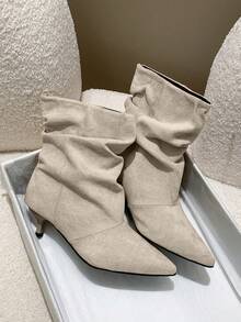 Women's Brown Pointed Toe Pleated Ankle Boots, Suede Mid-Calf Boots With Kitten Heels, Autumn/Winter 2025 - Beige - View 6