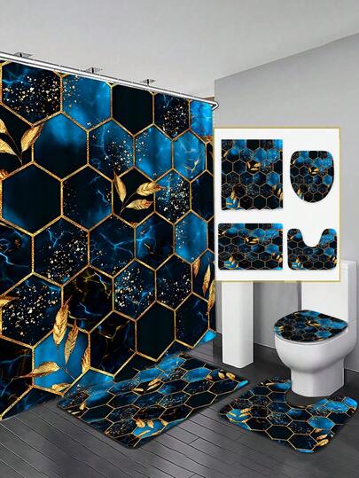 4pcs Luxury Geometric Honeycomb Pattern Bathroom Set - Includes Creative Printed Shower Curtain And Matching Bath Mat Set, Featuring Leaf Decor Details, Adds Modern Fashionable Elements To Your Bathroom, Ideal Choice For Unique High-End Living Space, High-Definition Digital Printing With Vibrant Long-Lasting Colors | Heavy-Duty PEVA Waterproof And Mildew-Resistant, Machine Washable | Metal Grommets And Reinforced Edges, Premium Quality