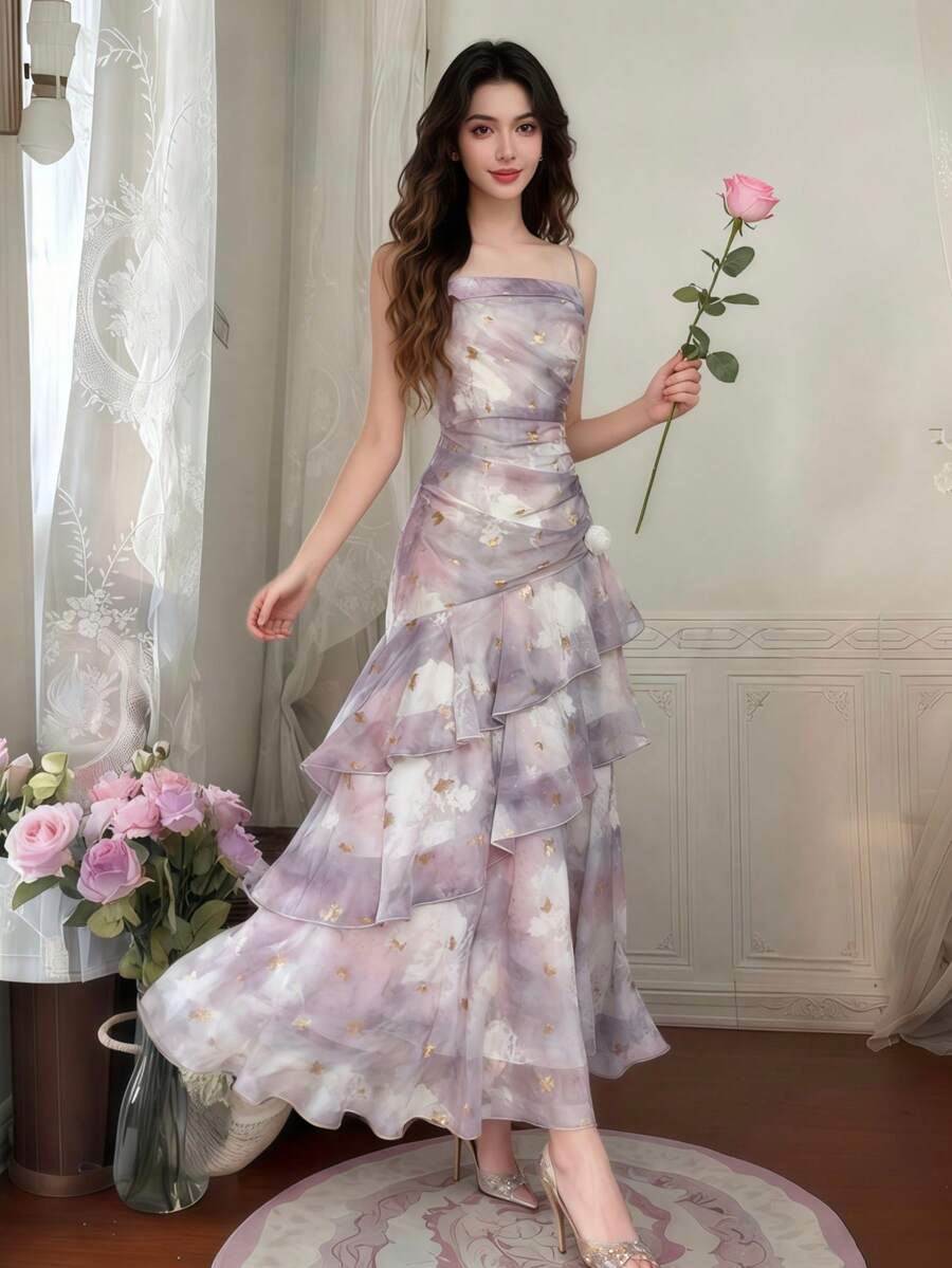 优雅亮片印花雪纺派对连衣裙，女士新款返校舞会吊带荷叶边仙女裙，修身生日套装，茶会睡袍，春夏款
