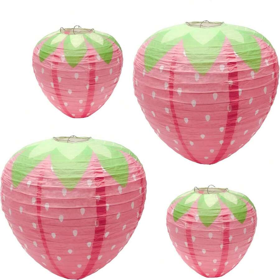 4 PCS Strawberry Paper Lantern Pink, Windspeed Large Strawberry Lantern Decorations Hanging Paper Lantern For Strawberry Party Decor 3D Strawberry Paper Lanterns