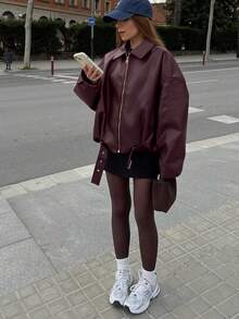 جاكيت جلدية قصيرة بومبر جديدة بطراز قديم، جاكيت كاجوال بسحاب وجيوب، جاكيت جلدية بقصة عادية، جاكيت شتوية للنساء - احمر خشبي - مشاهدة 6