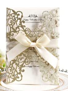 20张/5套，40张/10套 金银闪粉镂空玫瑰造型婚礼邀请函，含信封和回复卡，预系缎带，适用于结婚纪念日、新娘送礼会、订婚派对、宴会邀请。 - 彩色 - 查看 1