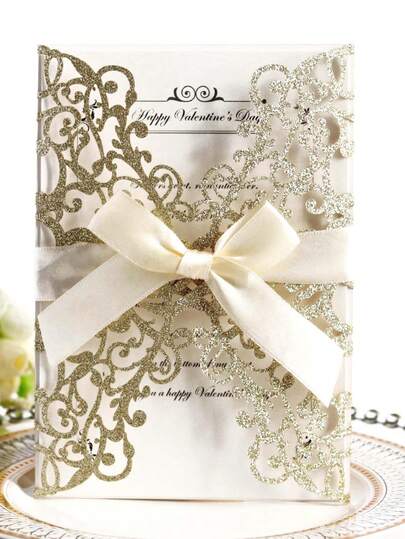 20pcs/5sets, 40pcs/10sets Gold & Silver Glitter Hollow Rose Shape Wedding Invitations With Envelopes And RSVP Cards, Pre-Tied Satin Ribbons, For Wedding Anniversary, Bridal Shower, Engagement Party, Banquet Invitation