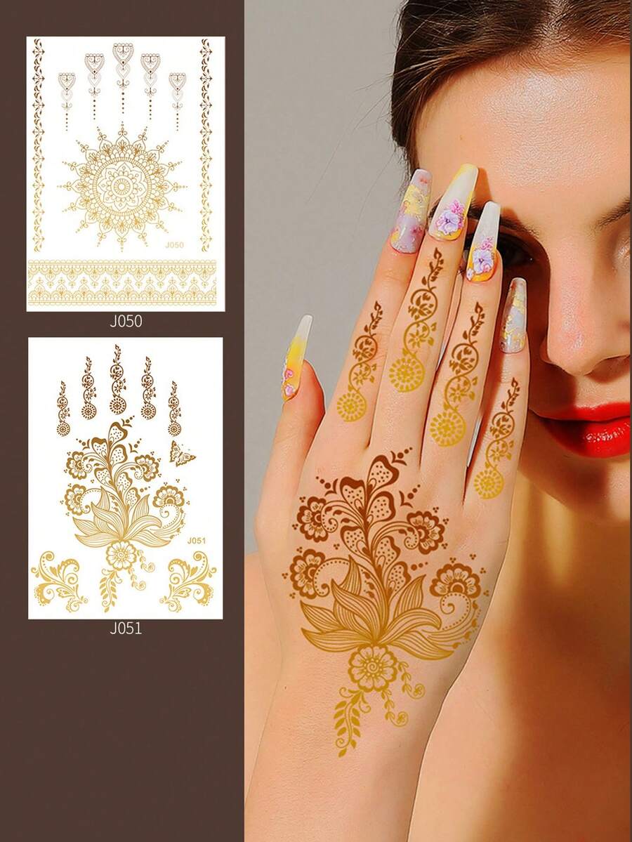 1张/4张中东金箔临时纹身贴纸，开斋节海娜纹身贴纸，海娜纹身贴纸，金箔纹身贴纸 - 金色 - 查看 1