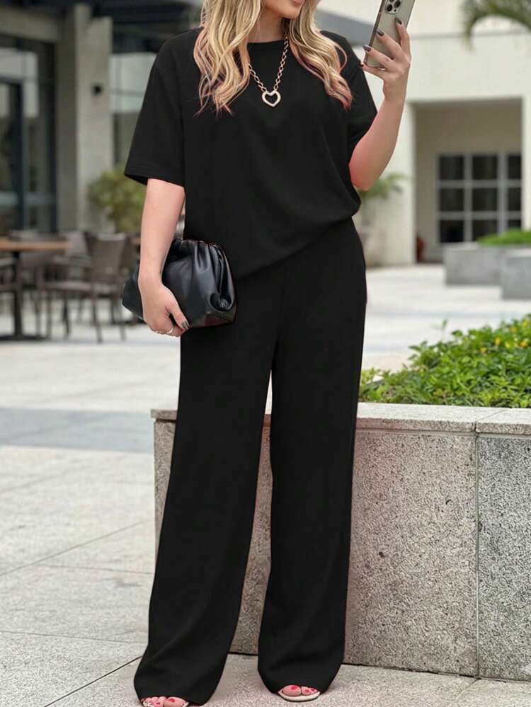 两件套女士夏季休闲纯色圆领短袖上衣和松紧腰带口袋裤，黑色套装 - 黑色 - 查看 6