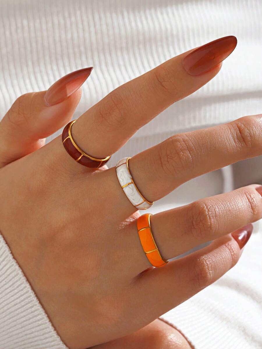 1 pieza Anillo de nudillo de acero inoxidable chapado en oro de 18K con goteo de color, adecuado para uso diario de mujeres - Multicolor - Ver 1