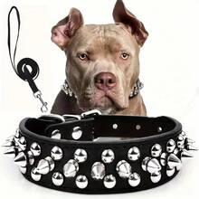 Adjustable Spiked Dog Collar Set (With Leash) - Faux Leather Studded Pet Collar, Ideal For Outdoor Walks, Bite-Resistant, Durable Training Collar, Suitable For Medium And Large Dogs - 黑色 - 查看 8