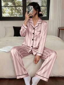 2PCS Teen Girl Satin Pajama Sets Pj Set Cute Bear Print Long Sleeve Button Down Shirt With Long Pants