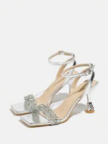 Giày sandal cao gót hở mũi quai mảnh dành cho nữ, kiểu dáng gợi cảm, quai ngang mắt cá chân, mũi vuông, đính đá và nơ, thanh lịch, thoải mái, thích hợp cho tiệc tùng, dạ hội, dạ tiệc màu bạc. - Bạc - Xem 4