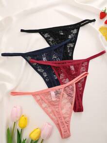 FINETOO Set de 4 piezas de tanga sexy de encaje con estampado de unicolor para mujer de talla grande - Multicolor - Ver 4