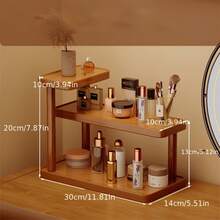 1pc Brown Desktop Storage Rack, Multi-Layer Wooden Desktop Organizer With Cup Holder - Modern Light Brown Freestanding Tabletop Storage Rack, No Assembly Required, Space-Saving For Bathroom, Kitchen, Bedroom Vanity - Wooden Cosmetic And Toiletry Storage Shelf