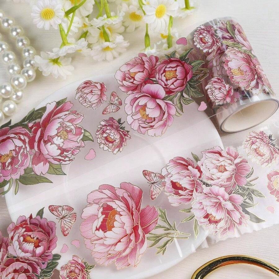 Journaling Scrapbook PET Tapes - Floral Scrapbooking Junk Journal Supplies, Flower Decorative Tapes Art Crafts, Aesthetic Washi Tapes Scrapbooking Supplies, Floral Journaling Tapes - 粉紅色牡丹 - 查看 1