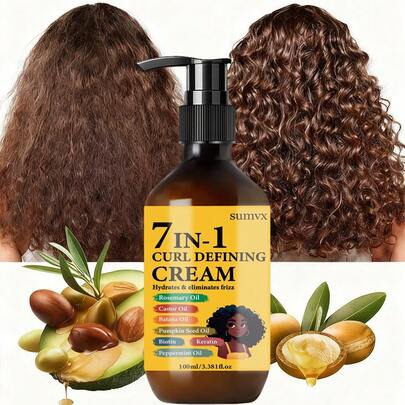 7-In-1 Upgraded 280ml Curl Cream, Enriched With Rosemary Oil, Castor Oil, Babassu Oil, Pumpkin Seed Oil, Biotin, Keratin, And Sea Buckthorn Oil. Deeply Nourishing, Long-Lasting Natural Volume And Shine, Suitable For Wavy Hair, Protects Permed Hair, Best Choice For Men