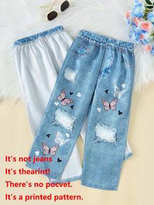 少女休闲蝴蝶印花T恤+仿印花长裤，日常休闲穿搭，适合春夏户外穿着 - 粉色 - 查看 5