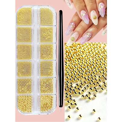 12pcs/Box Gold Stainless Steel Metal Beads Nail Art Decoration, 3D Mini 1mm Caviar Balls Silver Pendant Faux Pearl Nail Supplies, Nail Jewelry Nails