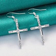 925 Sterling Silver Plated Cross Earrings, Fashion Jewelry For Women Wedding Party - Silver - View 2