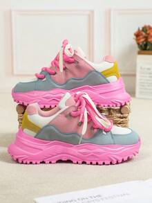 新款春秋季时尚女鞋，粉色，多色拼接设计，博主推荐坡跟厚底鞋，优雅系带，圆头，简约户外女鞋，适合圣诞礼物、派对、约会、健身、日常通勤、运动和工作场合。 - 米粉紅藍粉底 - 查看 5