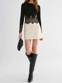 Women Long Sleeve Crew Neck Tops Lace Patchwork Basic Slim Fit T Shirts Y2K Party Club Blouse - Black - View 5