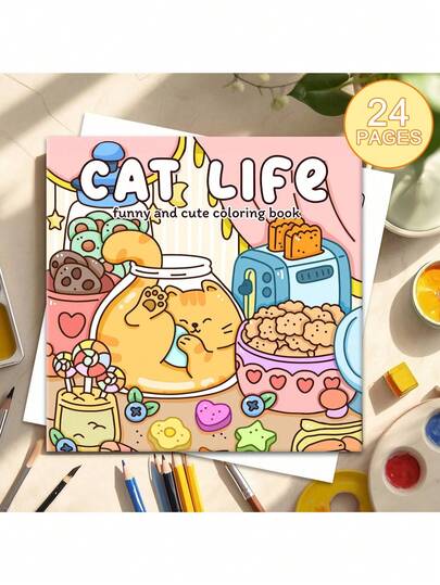 1 livre "La vie des chats" livre de coloriage pour adultes, motifs simples mais mignons, cadeau parfait pour les fêtes, anniversaires, fournitures scolaires et la rentrée scolaire