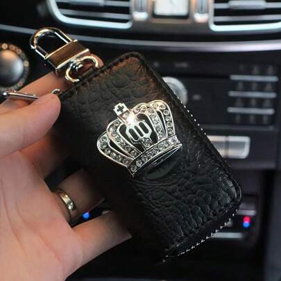 1 Pc Luxury Rhinestone Crown Crocodile Pattern Car Key Case, Unisex Faux Leather Zipper Key Holder, Sparkling Crystal Crown Decor Auto Key Bag, Compact Key Pouch For Men & Women, Premium Car Interior Decoration Accessories