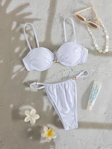 PEPPERMOLLY Nouveau bikini élégant à bretelles réglables et dos nu de couleur unie, mode plage d'été pour femmes, blanc vacances - Blanc - Voir 2