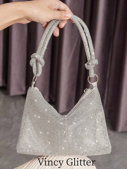 Sparkling Rhinestone Decor Handbag, Small Square Clutch Bag Perfect For Party Events, Portable Zipper Purse Matching Evening Dress, Fashion Bag