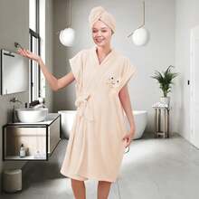 Women's Wrap Towel Spa Robe Hair Towel Adjustable Closure Long Robe V-Neck Shawl Bathrobe Dry Hair Cap Set, Fluffy Comfortable - 米色 - 查看 7