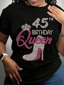 Plus Size T Shirt With 45th Birthday Queen Rhinestone Crown And High Heel Shoe Design For Women Birthday Celebration Party Wear-220g - 黑色 - 查看 1