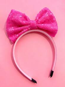1pc Sparkle Bow, Beaded Alphabet Design Hairband With Green & Pink Fluffy Pom Poms, Fashionable And Cute Hair Accessory For Everyday And Celebrity Looks Party Halloween - Pink - View 4