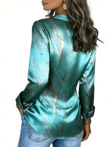 女士正式衬衫，几何图案，优雅大方，适合工作、日常穿着、宴会、派对等场合，褶皱设计，黄色、红色、蓝色可选，春秋冬季皆宜。 - 天藍色 - 查看 4