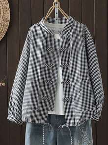 Áo sơ mi cài cúc kẻ caro cổ điển cho nữ, dáng rộng, tôn dáng, cổ tàu, kiểu cardigan, màu đen mùa xuân/thu. - màu đen - Xem 10