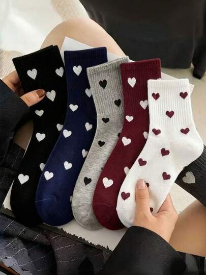 5 pares de calcetines de mujer con estampado de corazón, estilo coreano versátil, surtido aleatorio