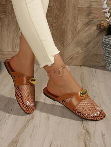 女士镂空网眼平底套脚鞋，舒适亚麻休闲穆勒凉鞋