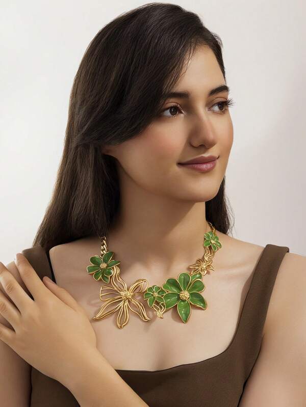 Vintage Chic Personalized Versatile Gold & Green 3D Floral Necklace Jewelry, Suitable For Valentine's Day