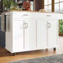 Modern Kitchen Island (106*50*90.5cm), Kitchen Cabinet, Sideboard, Dining Cart With Wood Grain, Buffet Cabinet, Multifunctional Dining Table With Storage Space, White - White - View 4